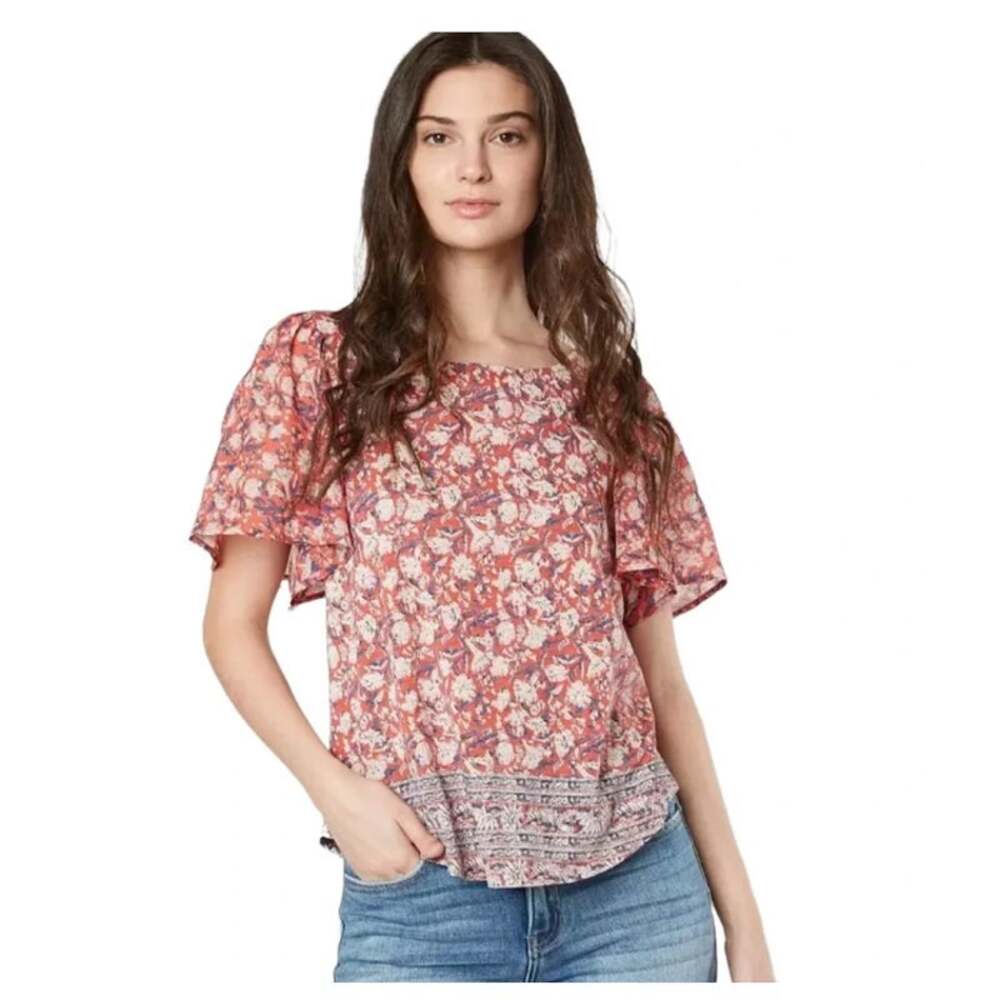 LUCKY BRAND Floral Blouse with Back Cutout Flutter Sleeves Size Medium